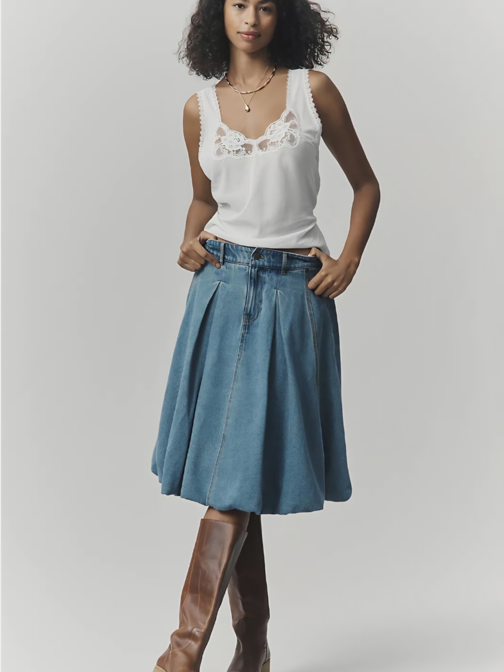 Anthropologie Blue Denim Midi Skirt with Front Pleats